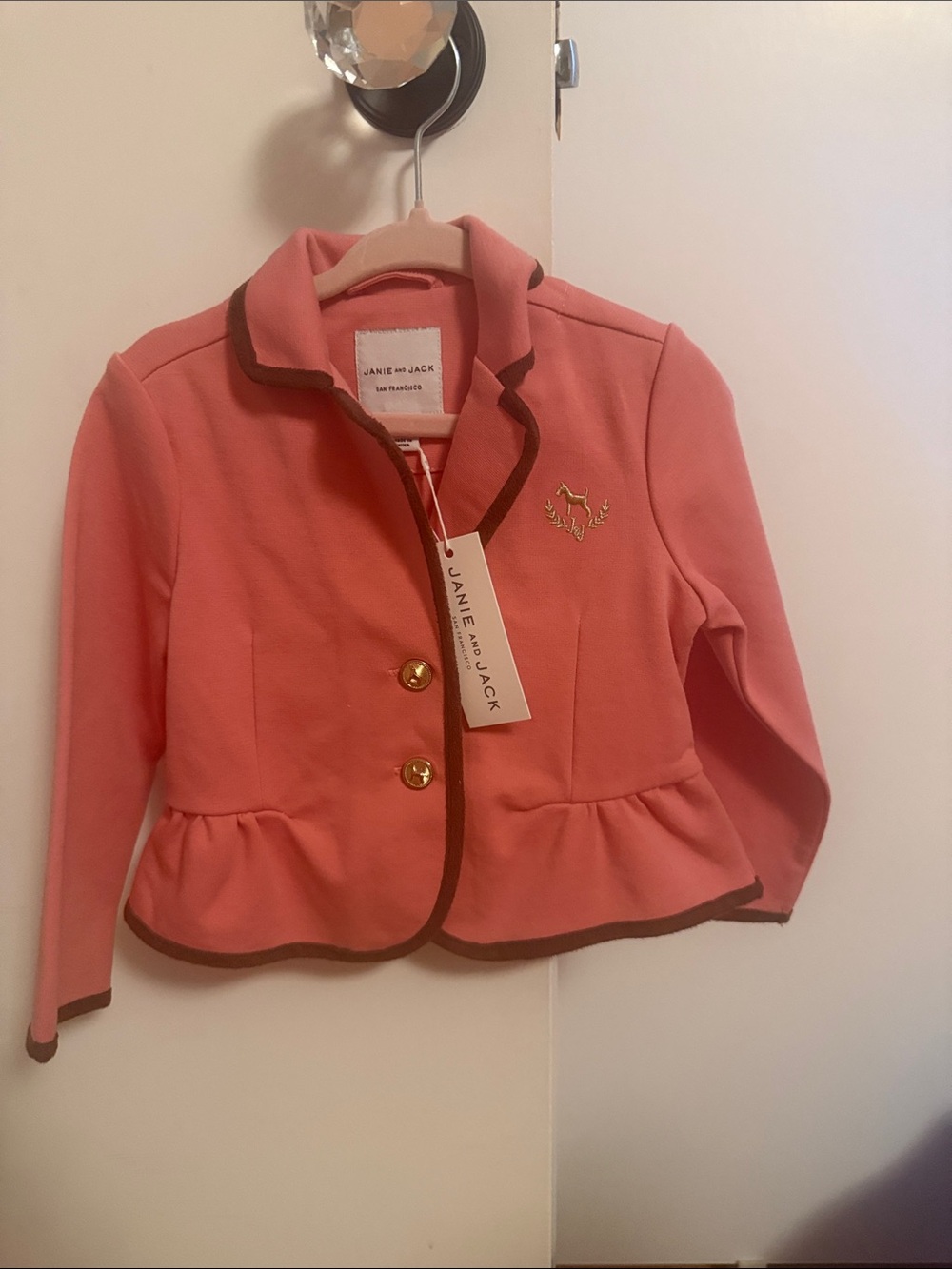 Janie and Jack Coral Pink Peplum Blazer with Brown Trim